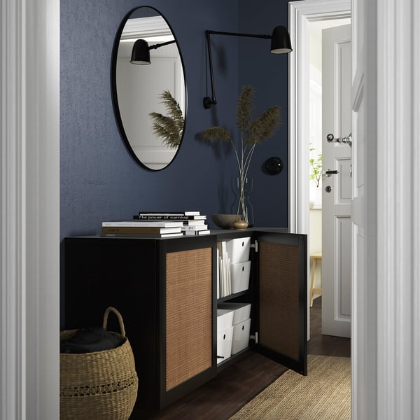 BESTÅ Combinazione di mobili da parete, marrone-nero Studsviken/marrone scuro pioppo intrecciato, 180x42x64 cm