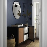 BESTÅ Combinazione di mobili da parete, marrone-nero Studsviken/marrone scuro pioppo intrecciato, 180x42x64 cm