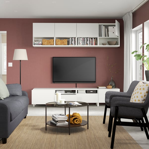 BESTÅ Combinazione per TV, bianco Laxviken/Lappviken/Stubbarp bianco, 240x42x230 cm