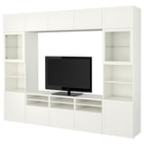 BESTÅ Combinazione TV/ante a vetro, bianco/Hanviken vetro trasparente bianco, 300x42x231 cm