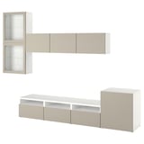 BESTÅ Combinazione TV/ante a vetro, bianco Lappviken/grigio chiaro-beige vetro trasparente, 300x42x211 cm
