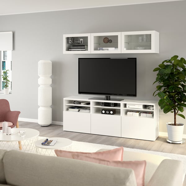 BESTÅ Combinazione TV/ante a vetro, bianco/Lappviken vetro trasparente bianco, 180x42x192 cm