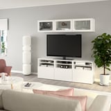 BESTÅ Combinazione TV/ante a vetro, bianco/Lappviken vetro trasparente bianco, 180x42x192 cm
