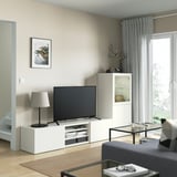 BESTÅ Combinazione TV/ante a vetro, bianco/Lappviken vetro trasparente bianco, 240x42x129 cm