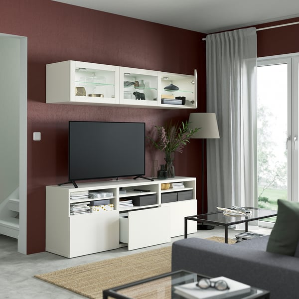 BESTÅ Combinazione TV/ante a vetro, bianco/Lappviken vetro trasparente bianco, 180x42x192 cm