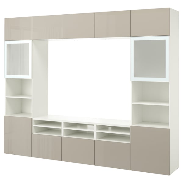 BESTÅ Combinazione TV/ante a vetro, bianco/Selsviken lucido/vetro smerigliato beige, 300x42x231 cm