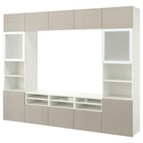 BESTÅ Combinazione TV/ante a vetro, bianco/Selsviken lucido/vetro smerigliato beige, 300x42x231 cm