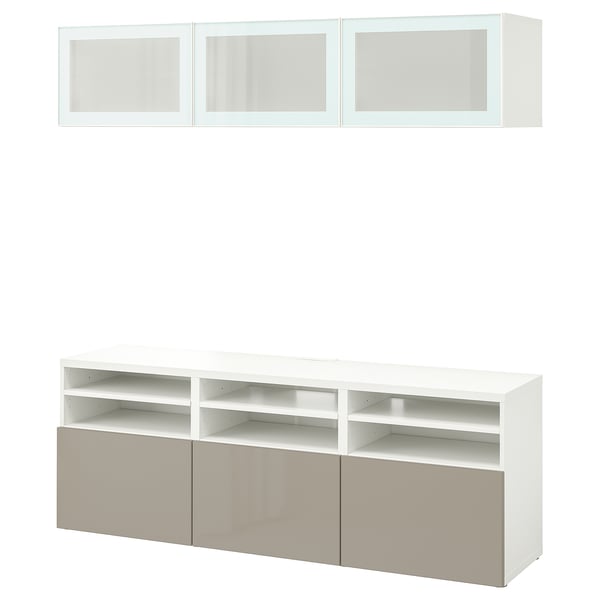 BESTÅ Combinazione TV/ante a vetro, bianco/Selsviken lucido/vetro smerigliato beige, 180x42x192 cm