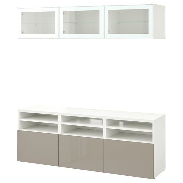 BESTÅ Combinazione TV/ante a vetro, bianco/Selsviken lucido/vetro trasparente beige, 180x42x192 cm