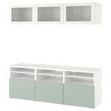 BESTÅ Combinazione TV/ante a vetro, bianco Sindvik/Hjortviken grigio pallido-verde, 180x42x192 cm