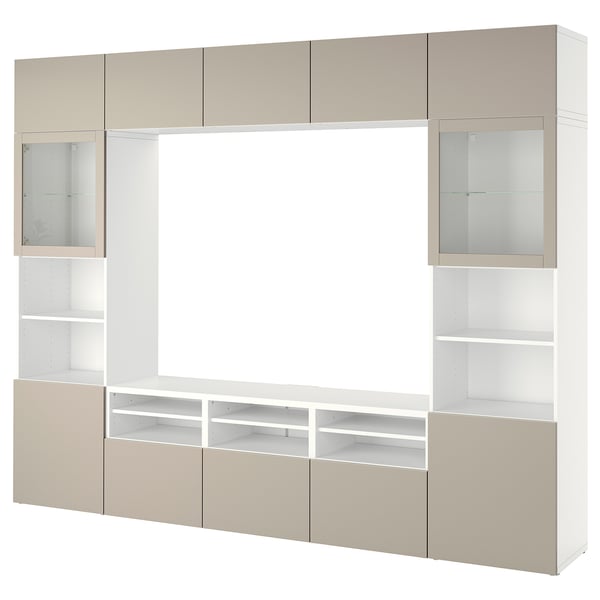 BESTÅ Combinazione TV/ante a vetro, bianco Sindvik/Lappviken grigio chiaro/beige, 300x42x231 cm