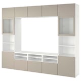 BESTÅ Combinazione TV/ante a vetro, bianco Sindvik/Lappviken grigio chiaro/beige, 300x42x231 cm