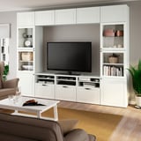 BESTÅ Combinazione TV/ante a vetro, bianco Smeviken/Ostvik vetro trasparente bianco, 300x42x231 cm
