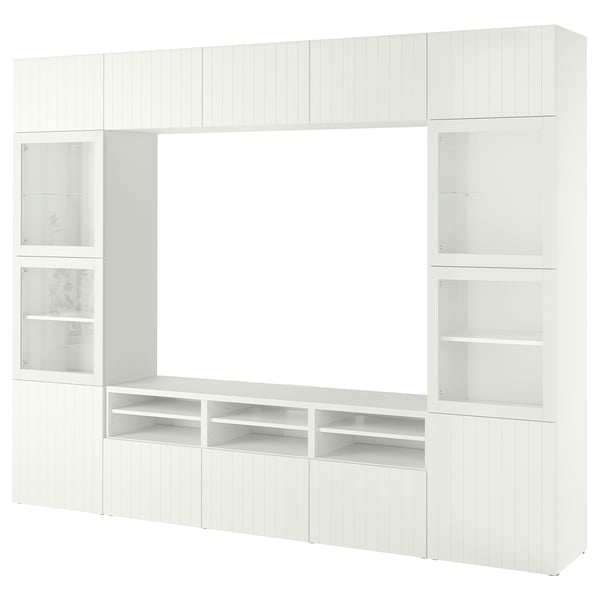 BESTÅ Combinazione TV/ante a vetro, bianco Sutterviken/Sindvik vetro trasparente bianco, 300x42x231 cm