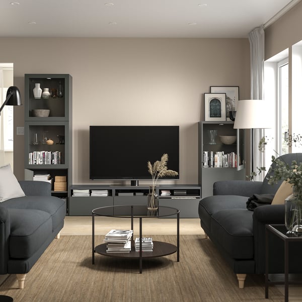 BESTÅ Combinazione TV/ante a vetro, grigio scuro Lappviken/Sindvik grigio scuro, 300x42x193 cm
