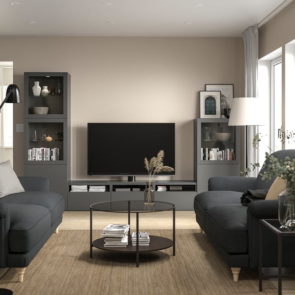 BESTÅ Combinazione TV/ante a vetro, grigio scuro Lappviken/Sindvik grigio scuro, 300x42x193 cm