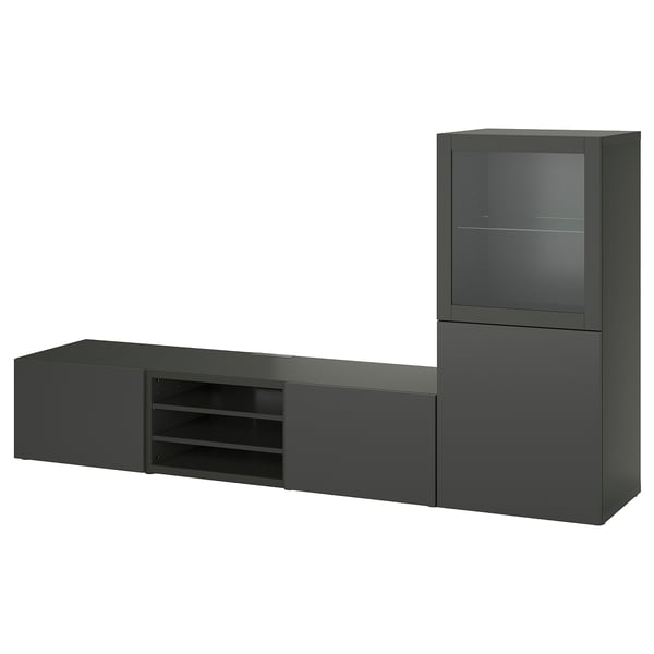 BESTÅ Combinazione TV/ante a vetro, grigio scuro Sindvik/Lappviken grigio scuro, 240x42x129 cm