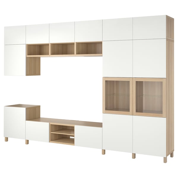 BESTÅ Combinazione TV/ante a vetro, impiallacciato rovere mord bianco Lappviken/Sindvik vetro trasparente, 360x42x240 cm