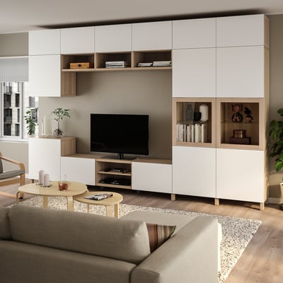 BESTÅ Combinazione TV/ante a vetro, impiallacciato rovere mord bianco Lappviken/Sindvik vetro trasparente, 360x42x240 cm