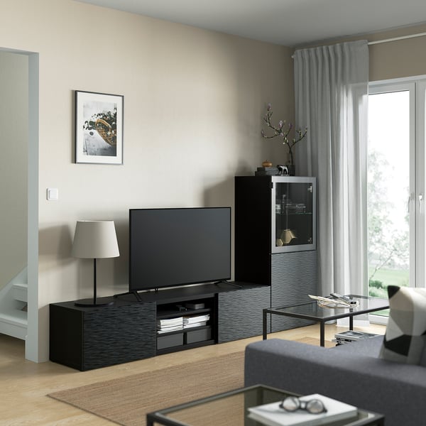 BESTÅ Combinazione TV/ante a vetro, marrone-nero Glassvik/Laxviken nero, 240x42x129 cm