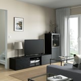 BESTÅ Combinazione TV/ante a vetro, marrone-nero Glassvik/Laxviken nero, 240x42x129 cm