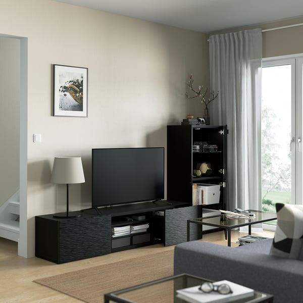BESTÅ Combinazione TV/ante a vetro, marrone-nero Glassvik/Laxviken nero, 240x42x129 cm
