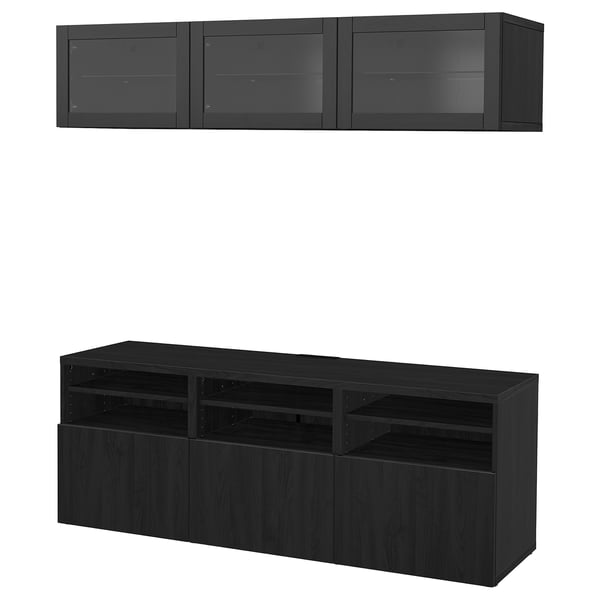 BESTÅ Combinazione TV/ante a vetro, marrone-nero/Lappviken vetro trasparente marrone-nero, 180x42x192 cm