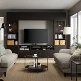 BESTÅ Combinazione TV/ante a vetro, marrone-nero/Lappviken vetro trasparente marrone-nero, 300x42x231 cm