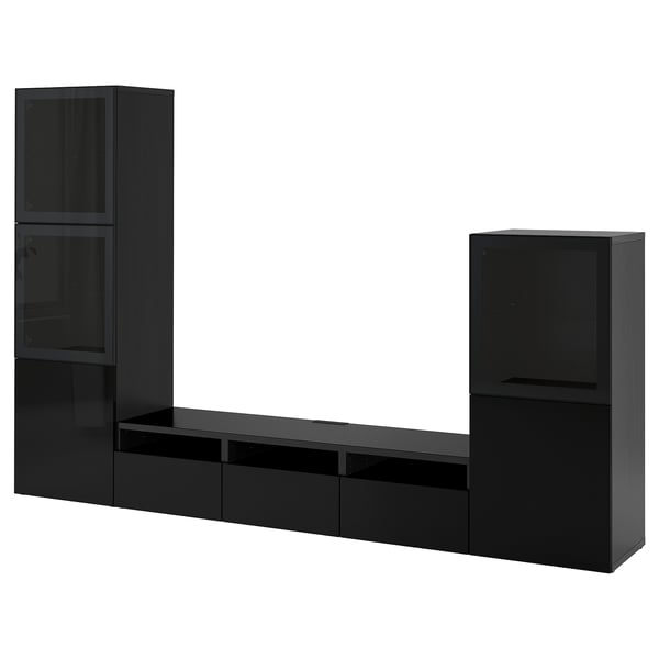 BESTÅ Combinazione TV/ante a vetro, marrone-nero/Selsviken lucido/vetro fumé nero, 300x42x193 cm