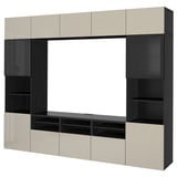 BESTÅ Combinazione TV/ante a vetro, marrone-nero/Selsviken lucido/vetro trasparente beige, 300x42x231 cm