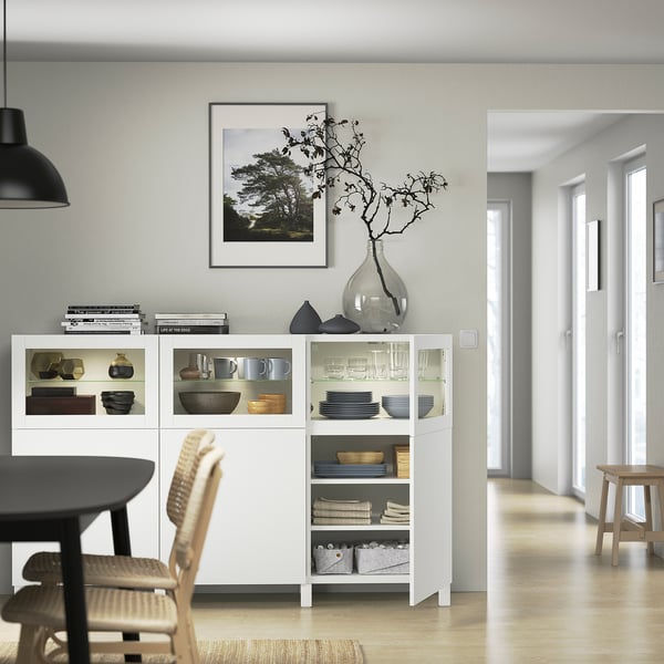 BESTÅ Mobile con ante, bianco Lappviken/Sindvik vetro trasparente bianco, 180x42x112 cm
