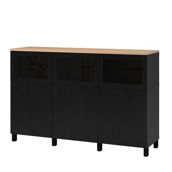 BESTÅ Mobile con ante, Lappviken/Stubbarp/Sindvik vetro trasparente marrone-nero, 180x42x114 cm