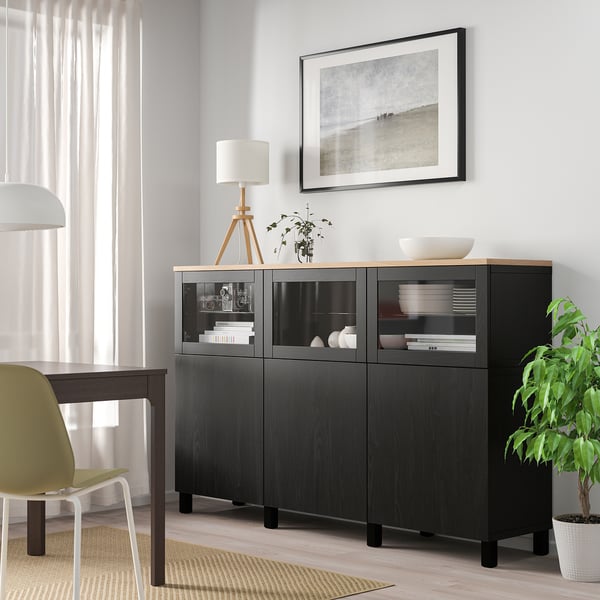 BESTÅ Mobile con ante, Lappviken/Stubbarp/Sindvik vetro trasparente marrone-nero, 180x42x114 cm