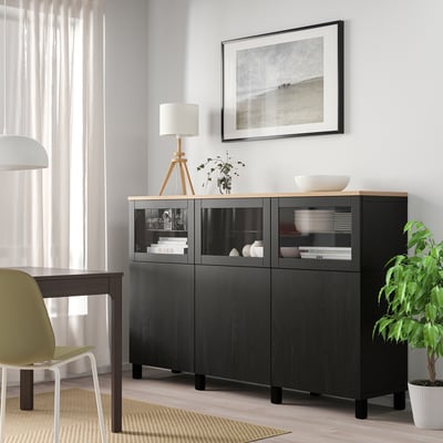 BESTÅ Mobile con ante, Lappviken/Stubbarp/Sindvik vetro trasparente marrone-nero, 180x42x114 cm