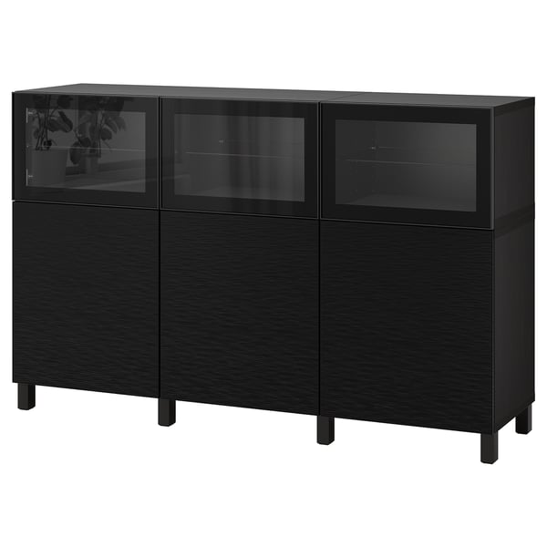 BESTÅ Mobile con ante, marrone-nero Laxviken/nero vetro trasparente, 180x42x112 cm