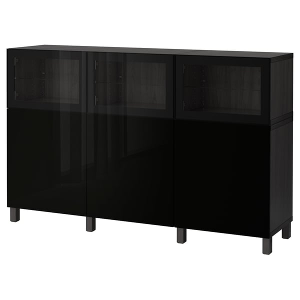 BESTÅ Mobile con ante, marrone-nero Selsviken/Glassvik lucido/vetro trasparente nero, 180x42x112 cm