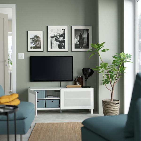 BESTÅ Mobile TV con ante, bianco/Mörtviken/Stubbarp bianco, 120x42x48 cm
