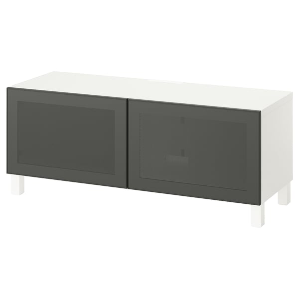 BESTÅ Mobile TV con ante, bianco Mörtviken/Stubbarp/grigio scuro, 120x42x48 cm