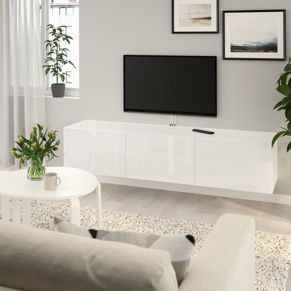 BESTÅ Mobile TV con ante, bianco/Selsviken lucido/bianco, 180x42x38 cm