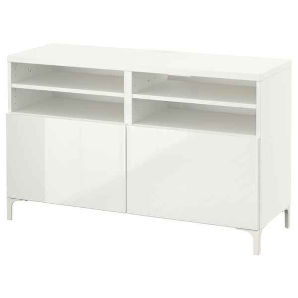 BESTÅ Mobile TV con ante, bianco/Selsviken/Nannarp lucido/bianco, 120x42x74 cm