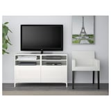 BESTÅ Mobile TV con ante, bianco/Selsviken/Nannarp lucido/bianco, 120x42x74 cm