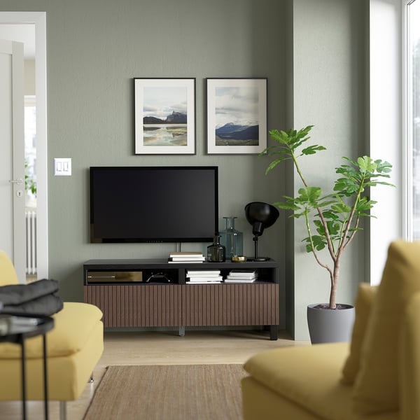 BESTÅ Mobile TV con cassetti, marrone-nero Björköviken/Stubbarp/marrone impiallacciatura di rovere/mordente, 120x42x48 cm