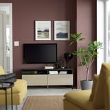 BESTÅ Mobile TV con cassetti, marrone-nero/Selsviken/Nannarp lucido/beige, 120x42x48 cm