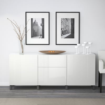 BESTÅ Mobili con cassetti, bianco/Selsviken/Stubbarp grigio scuro, 180x42x74 cm