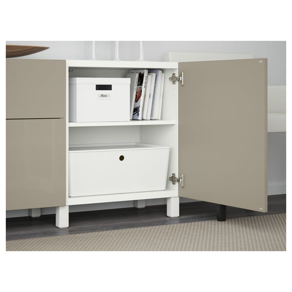BESTÅ Mobili con cassetti, bianco/Selsviken/Stubbarp lucido/beige, 180x42x74 cm