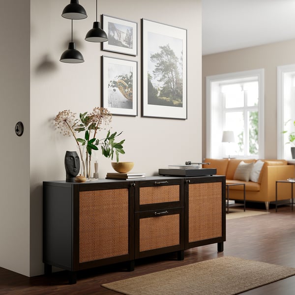BESTÅ Mobili con cassetti, marrone-nero Studsviken/Stubbarp/marrone scuro pioppo intrecciato, 180x42x74 cm