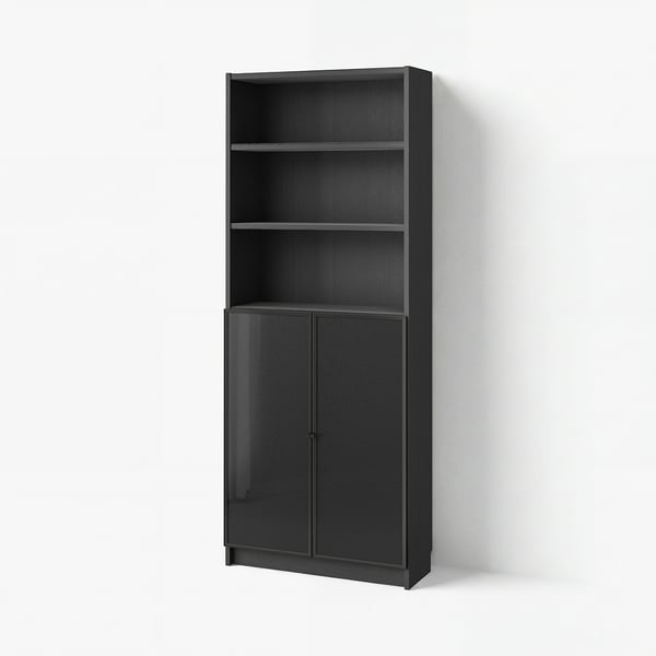 BILLY / HÖGBO Libreria con ante a vetro, nero effetto rovere, 80x30x202 cm