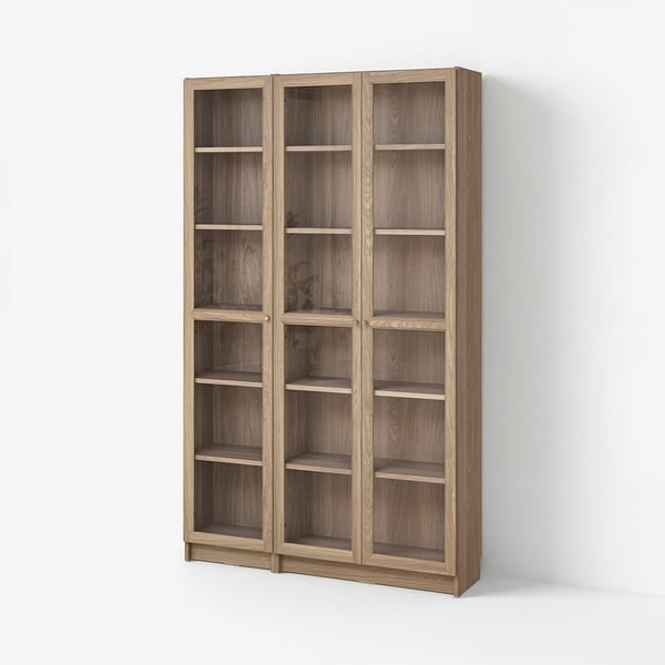 BILLY / OXBERG Combinazione librerie/ante a vetro, effetto rovere/vetro trasparente, 120x30x202 cm