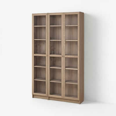 BILLY / OXBERG Combinazione librerie/ante a vetro, effetto rovere/vetro trasparente, 120x30x202 cm
