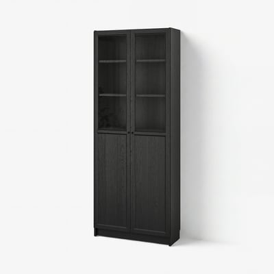 BILLY / OXBERG Libreria con pannello/ante a vetro, nero effetto rovere, 80x30x202 cm